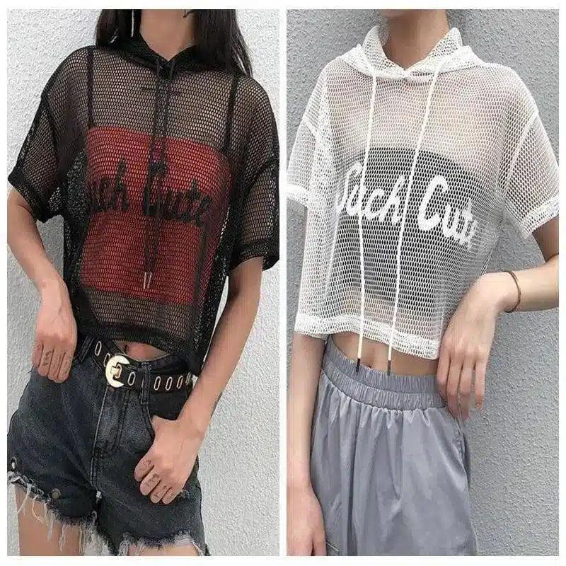 Mesh Hooded Crop Tops for Casual Wear-1