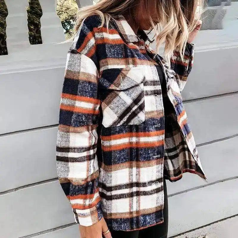 Women's Plaid Button-Up Jacket with Pockets-Orange-3