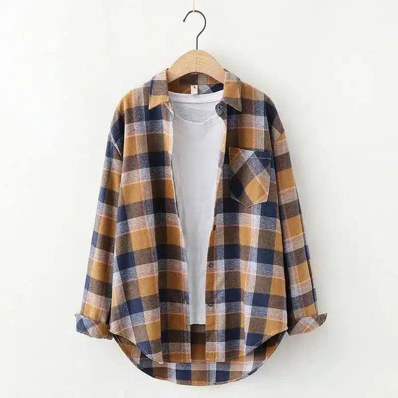 Plaid Cotton Casual Shirt with Pocket-Earthy yellow grid-15