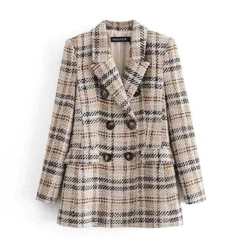 LOVEMI - Lovemi - Plaid Texture Double-Breasted Casual Blazer