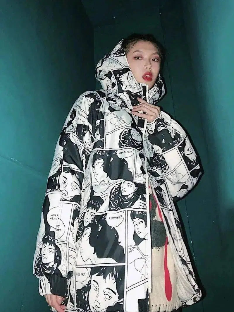 Portrait comic print coat hooded cotton jacket-White-2