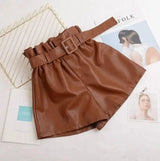 Pu female autumn and winter elastic waist high waist leather-Brown-10