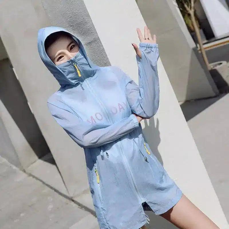 Pure colour cap zipper single long sleeve thin mid-long-Blue-2