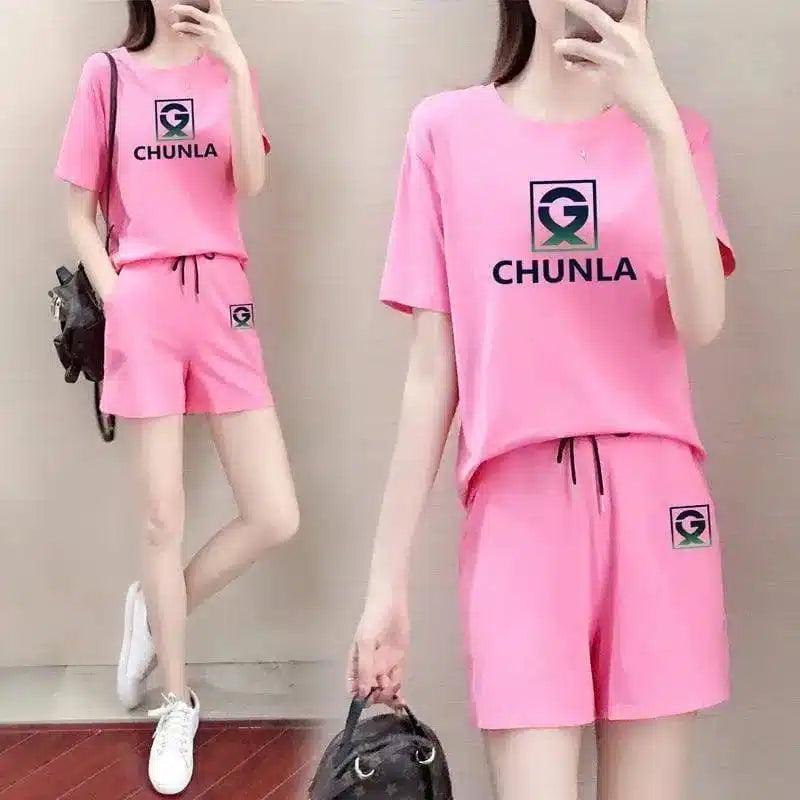 Women's Casual T-Shirt and Shorts Set-Pink-5