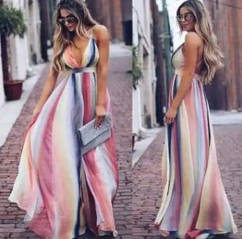 Rainbow Summer Maxi Dress Women Dress Colorful V-Neck-2