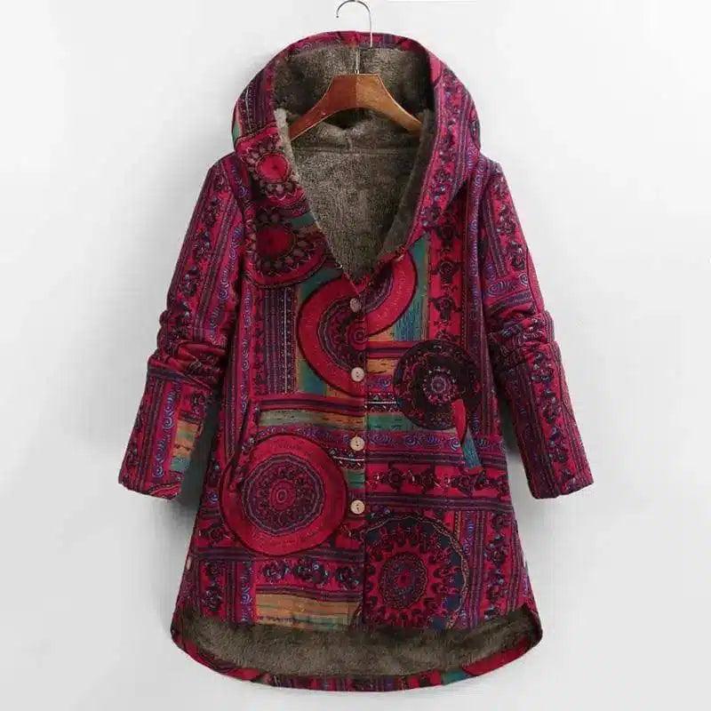 Retro Ethnic Floral Print Plus Size Cotton Jacket-Wine Red-3