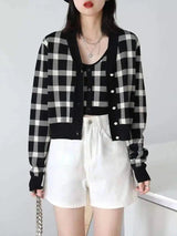 LOVEMI - Lovemi - Retro V-neck Check Color Vest Knitted Cardigan Ice