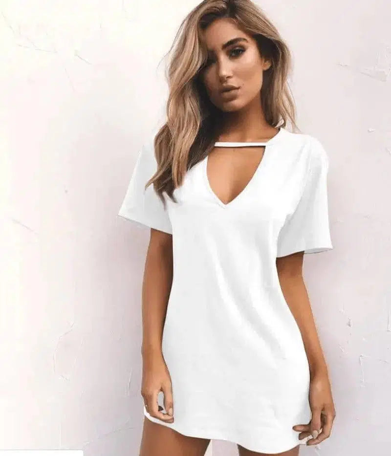 deep V short-sleeved T-shirt loose casual dress-white-41