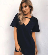 deep V short-sleeved T-shirt loose casual dress-black-43