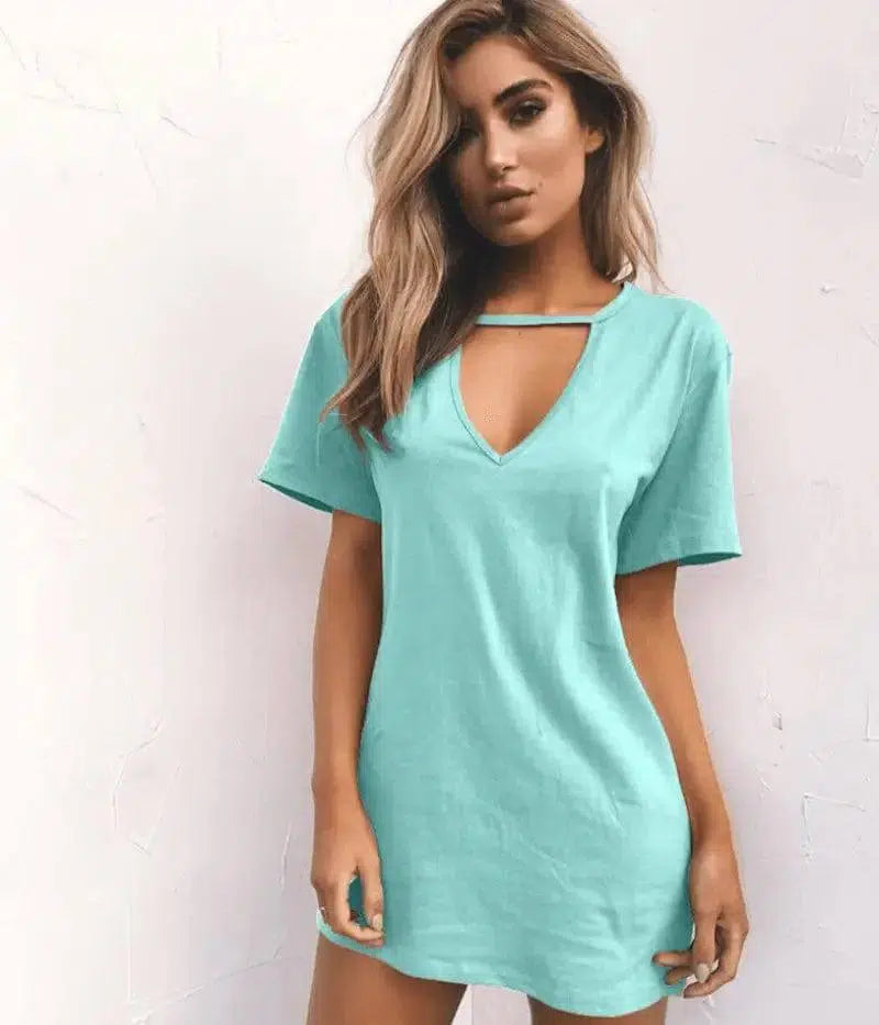 deep V short-sleeved T-shirt loose casual dress-Lightgreen-56