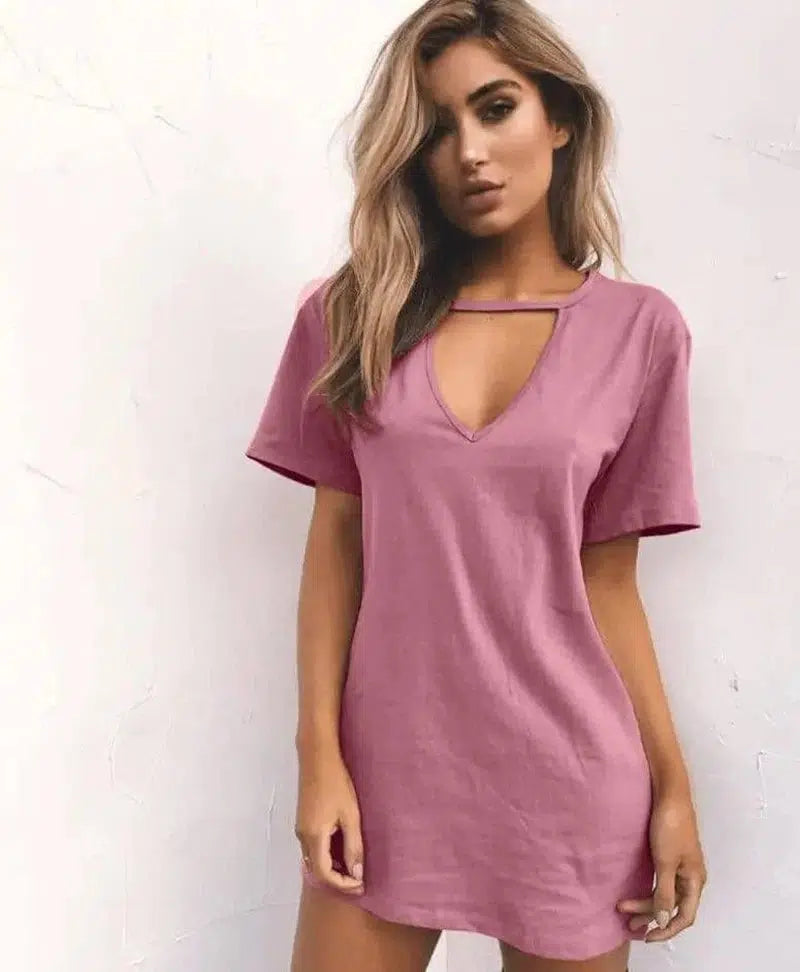 deep V short-sleeved T-shirt loose casual dress-Pink-62