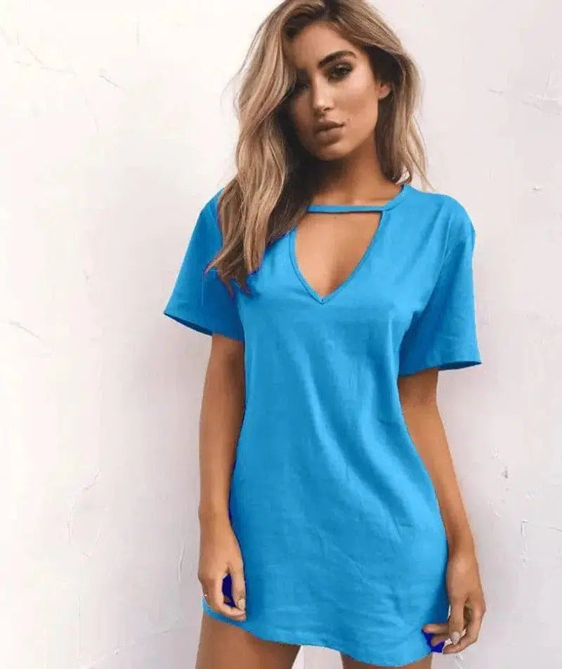 deep V short-sleeved T-shirt loose casual dress-Skyblue-68