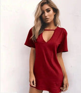 deep V short-sleeved T-shirt loose casual dress-Claret-82