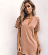 deep V short-sleeved T-shirt loose casual dress-Nudecolor-83