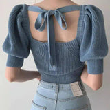 Puff Sleeve Knit Crop Top with Tie Back-Blue-1