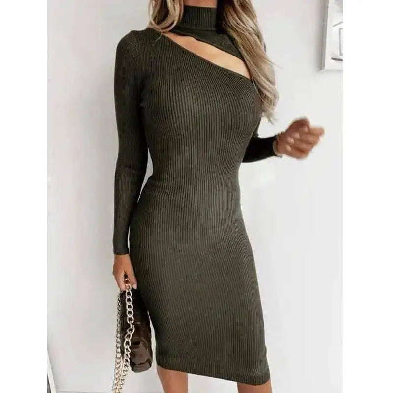 Off-Shoulder Long-Sleeved Knitted Solid Color Dress-Green-3