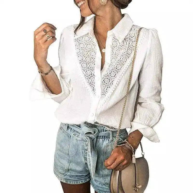 Lace Detail Women's Casual Blouse-White-2