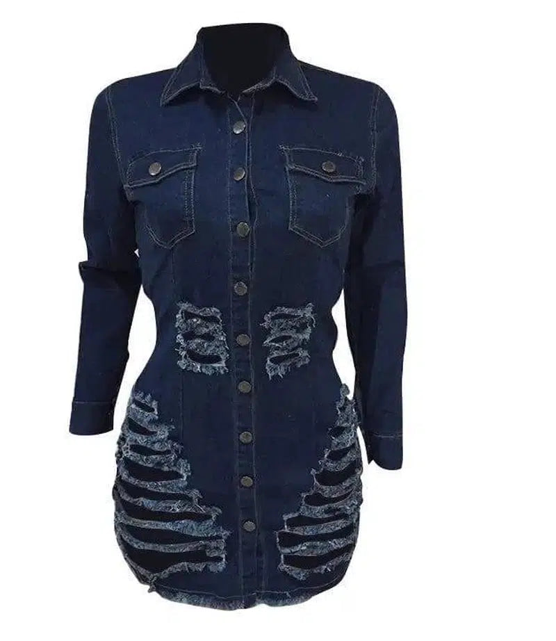 Shredded denim dress denim casual dress-NavyBlue-13