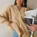 Women's V-Neck Buttoned Knit Cardigan-Camel-2