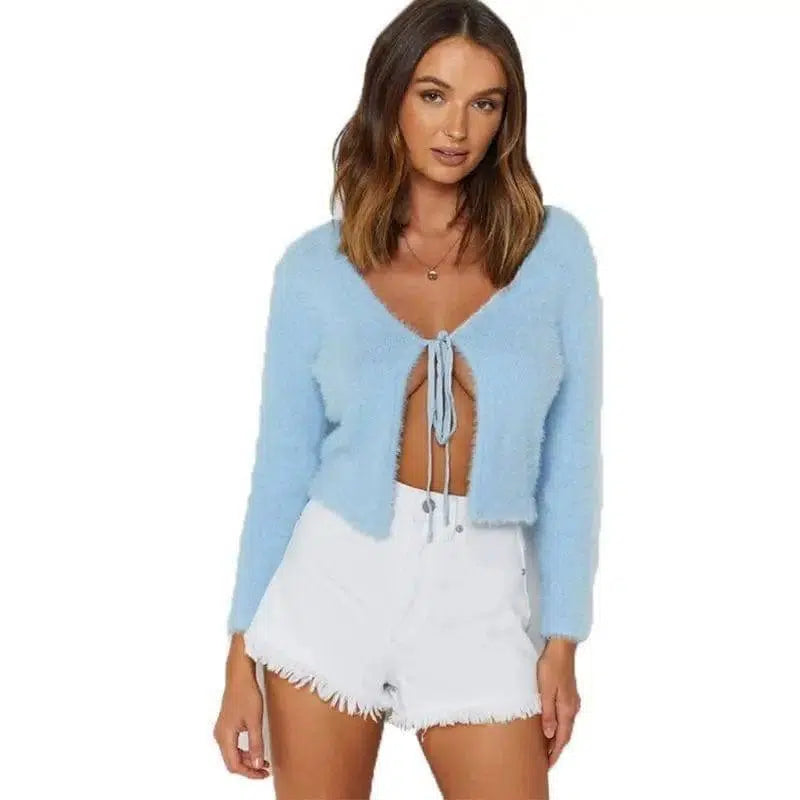 LOVEMI - Lovemi - Sky Blue Velvet Cardigan Coats Women Crop Tops