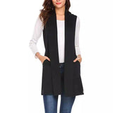 Sleeveless Pocketed Long Vest for Women-Black-1