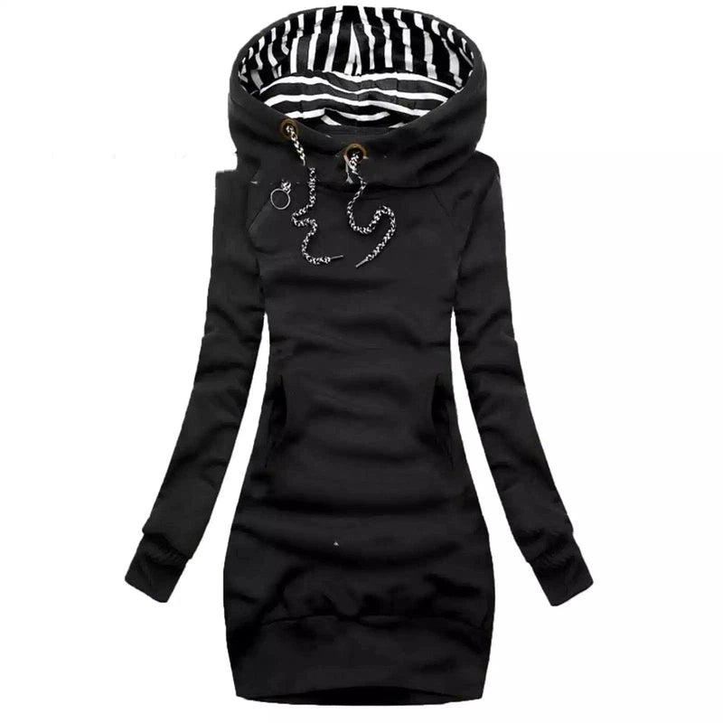 Women's Hooded Sweatshirt Dress with Pockets-Black-4