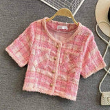 Women's Short Sleeve Tweed Jacket-Pink-2