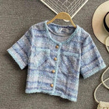 Women's Short Sleeve Tweed Jacket-Blue-3