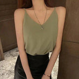 Women's Sleeveless V-Neck Satin Blouse-Green-5