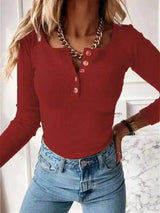 Womens Casual V-Neck Buttoned Knit Top-Red-6