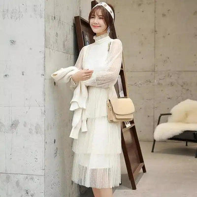 Solid color long sleeve dress-White-3