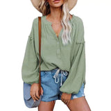 Women's Casual V-Neck Blouse with Long Sleeves-Green-1