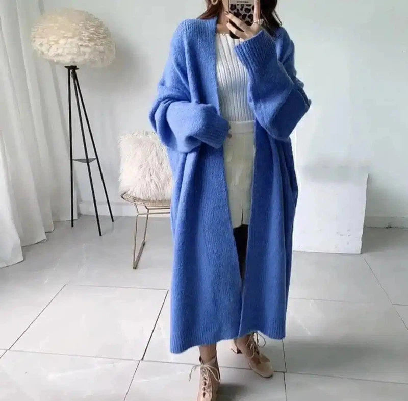 Solid color thick thread knitted jacket-Blue-4