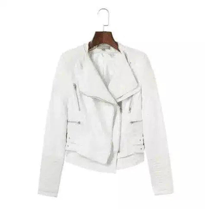 Spliced Faux Leather Suede Jacket Women Black Moto Coat Punk-White-2