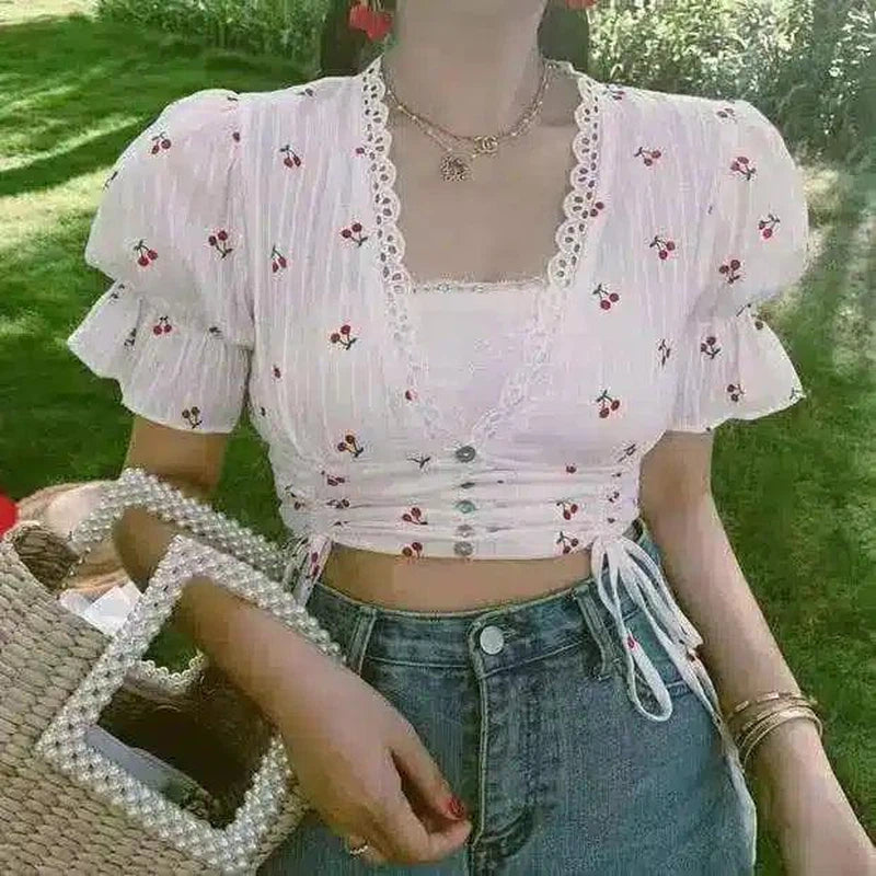 Floral Lace Crop Top with Puff Sleeves-White-2