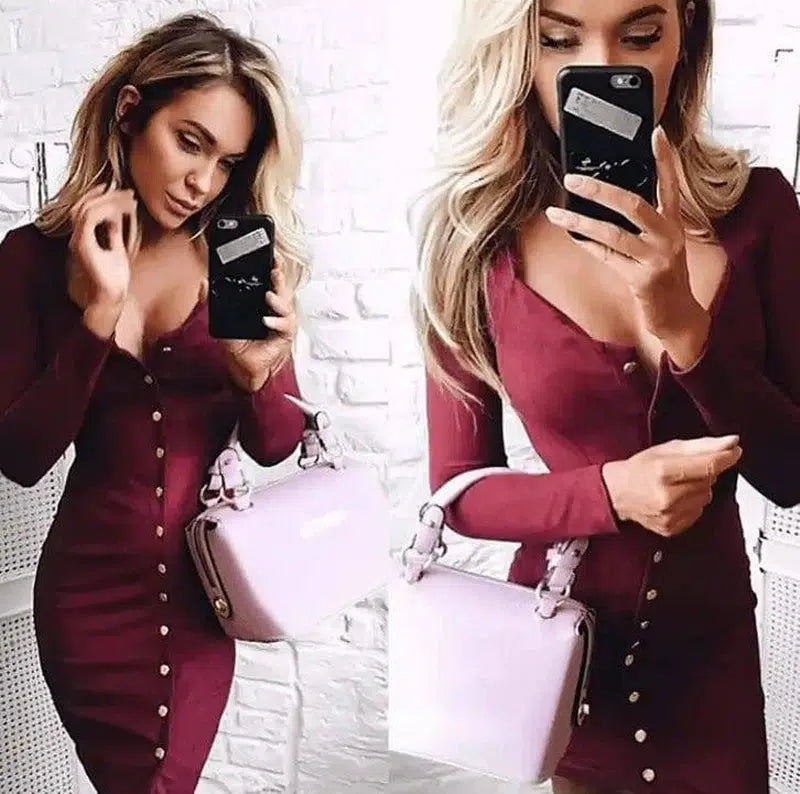 Spring Women Bodycon Slim Long Sleeve Party Cocktail Pencil-Winered-9