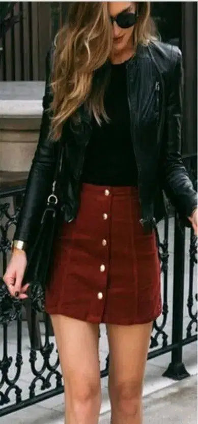 Suede Button-Front Skirt in Brown and Claret-Claret-14