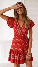 Summer V-neck bohemian print dress skirt women-Red-56