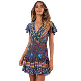 Summer V-neck bohemian print dress skirt women-Blackblue-57