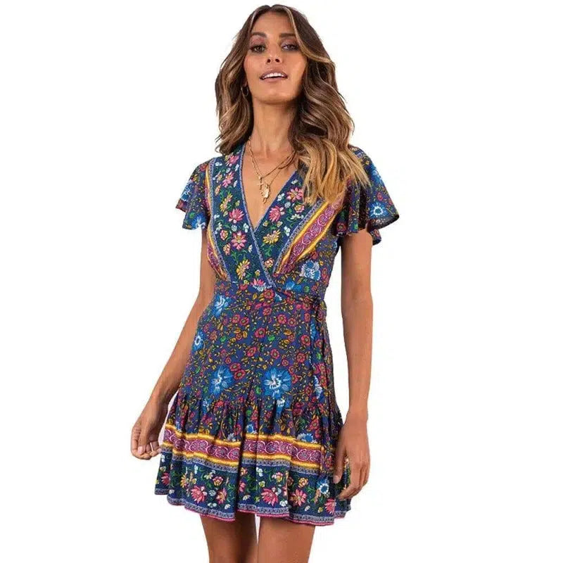 Lovemi - Summer V-neck sexy bohemian print dress skirt-Blackblue-76