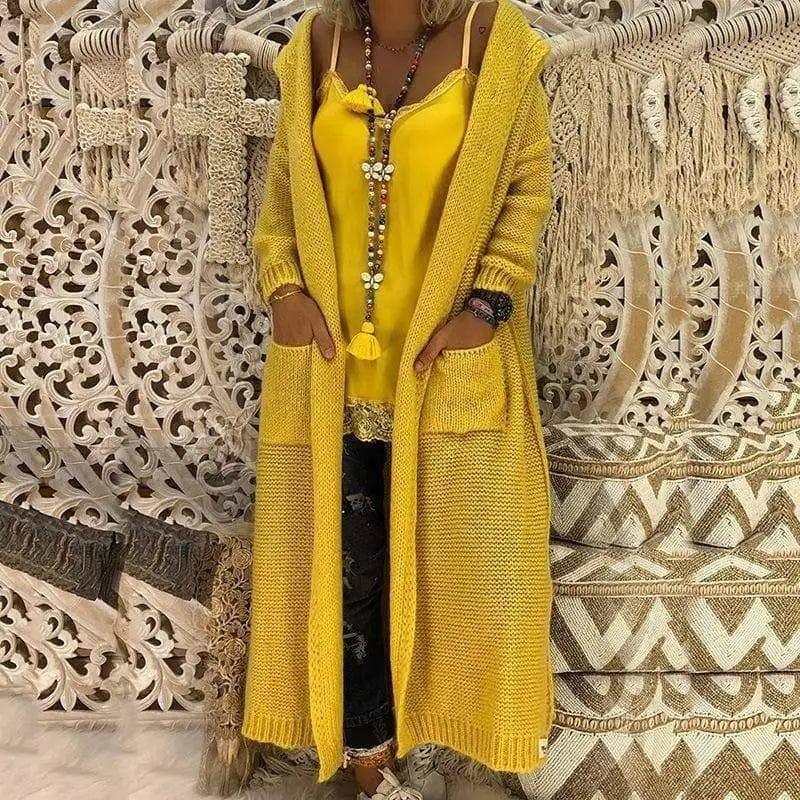 Long Hooded Knit Cardigan for Women-Yellow-2