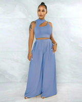 Women's One-Shoulder Jumpsuit with Wide-Leg Pants-Blue-8