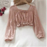 Lace Detail Crop Top with Long Sleeves-Pink-1