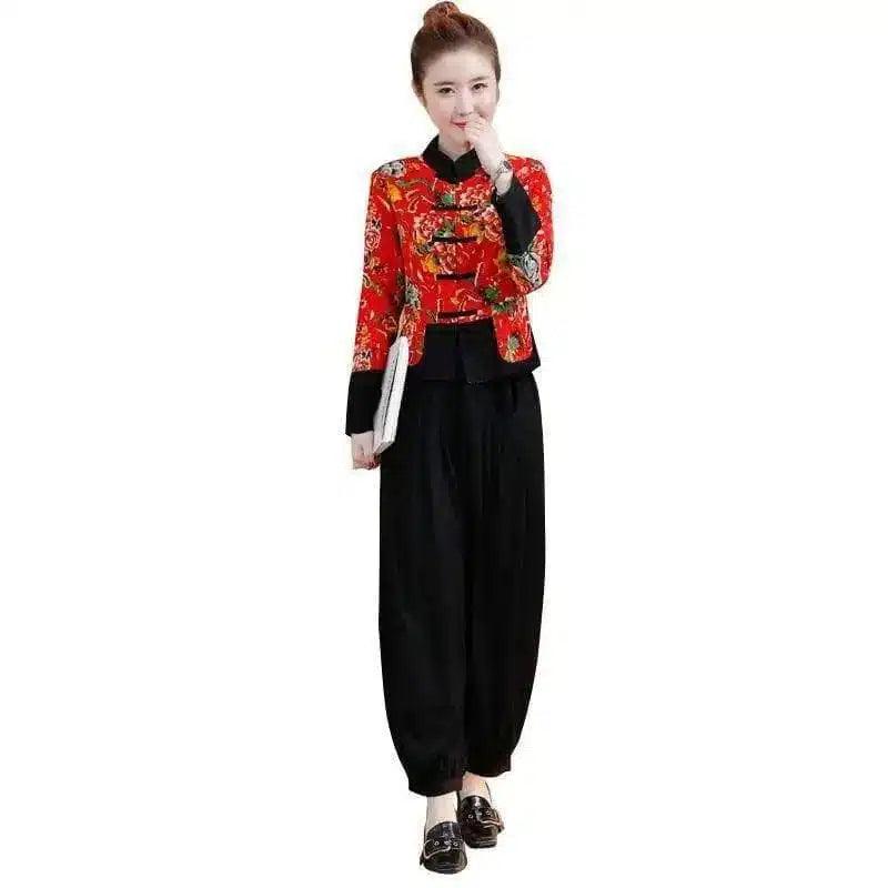 Elegant Floral Jacket in Asian Style-Red-3