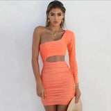 USA Size Cutout Shoulder Long Sleeve Hip Pleated Dress-Orange-42