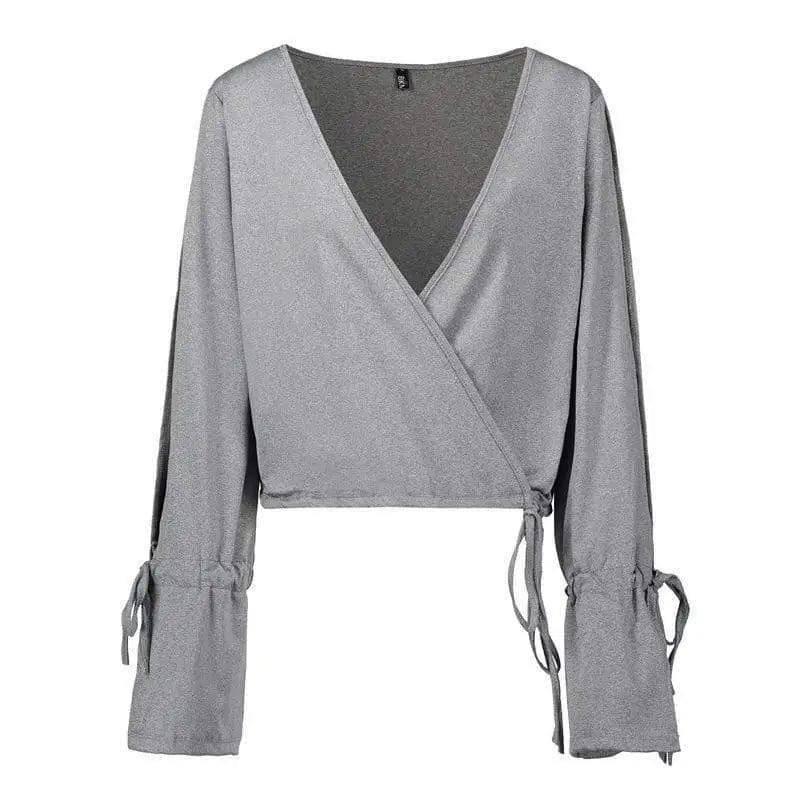 V-Neck Cropped Crop Top Flared Long-Sleeved Solid Color-Grey-2