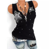 Women's Sleeveless V-Neck Tank Top with Rhinestones-Black-3