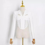 Womens Lace Detail Cropped Blazer Jacket-White-2