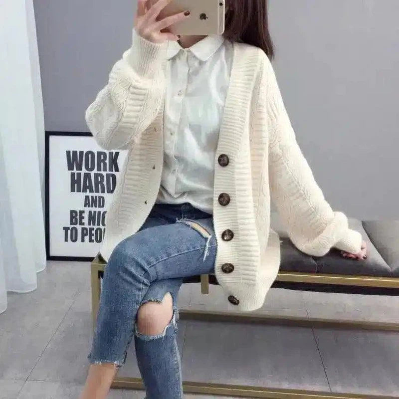 Cozy Knit Buttoned Cardigan for Women-Beige-3