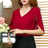 V-Neck Flutter Sleeve Women's Blouse-Red-3